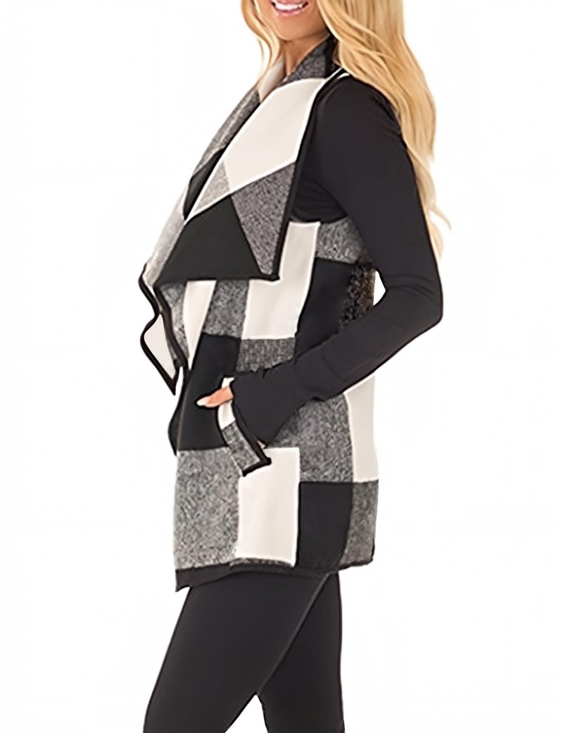 Unidear Womens Sleeveless Color Block Lapel Open Front Plaid Vest Cardigan with Pockets Black 2XL - Image 2